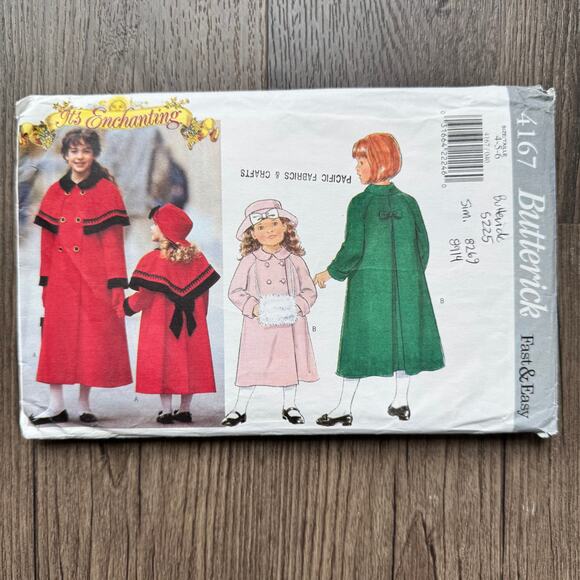UNCUT Vintage 1990s Butterick 4167 Sewing Pattern Girls 4T-6T Coat Cape Muff Hat - Picture 1 of 3
